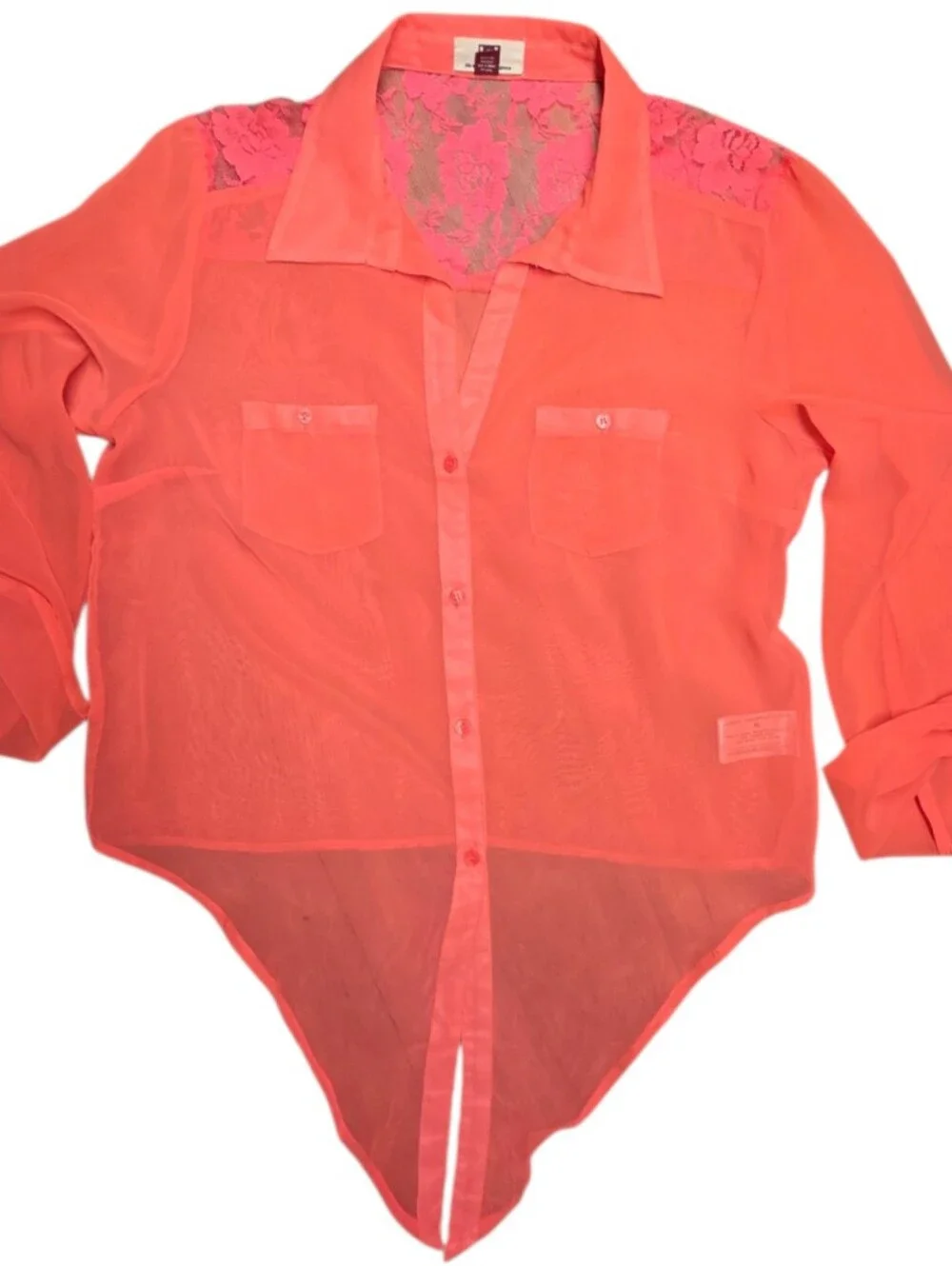 Hot Orange Sheer Lace Bottom Tie Top XL